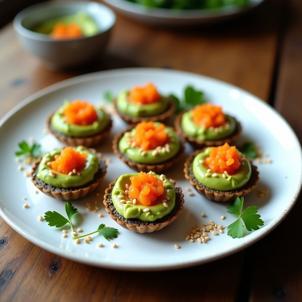 Tartaletas de Base de Semillas de Chía con Relleno de Guacamole y Huevas de Trucha: Entrante Chileno Sin Horno
