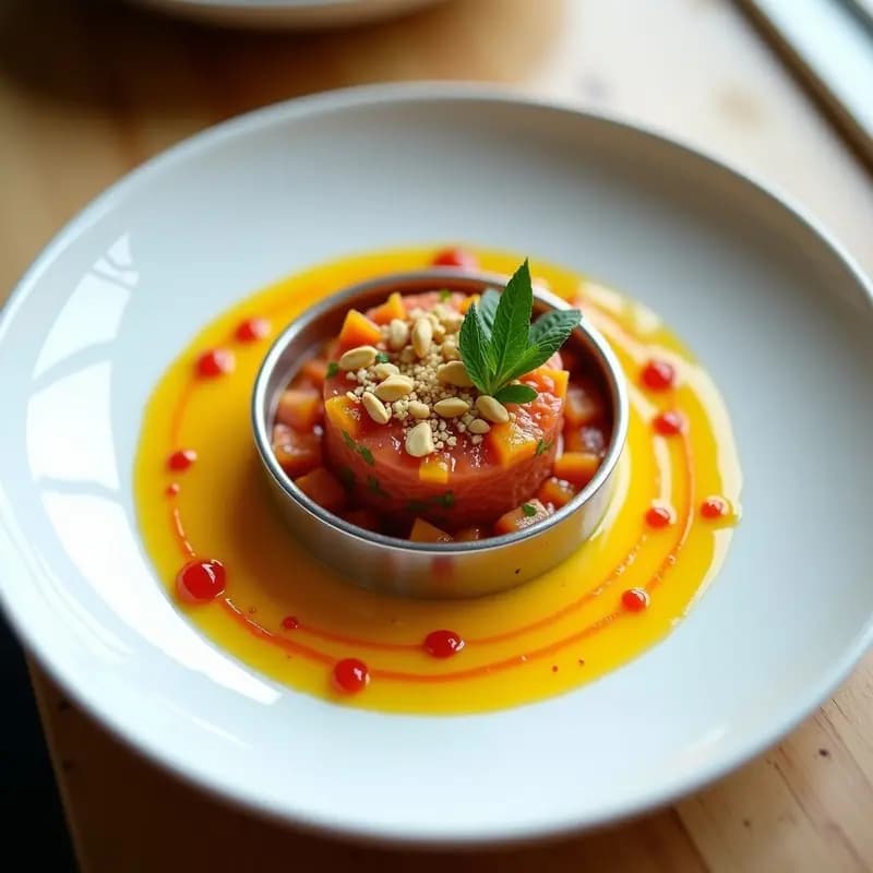 Tartare de Tomate de Árbol (Ciruela Kakadu) con Vinagreta de Mango: Entrante Australiano Exótico