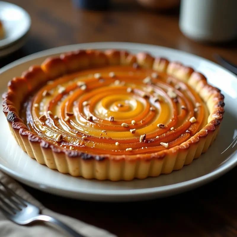 Tartaleta tatin dorada con láminas de apio nabo caramelizado, nueces tostadas y caramelo salado brillante, servida en plato blanco rústico con tenedor de postre.