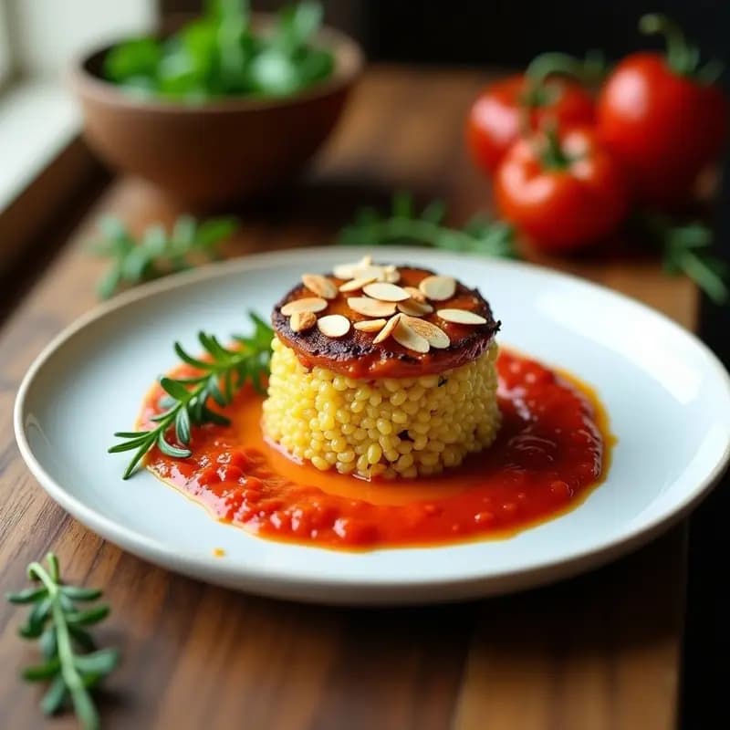 Timbal de Quinoa y Verduras con Coulis de Tomate Seco: Entrante Francés Vegano y Gourmet