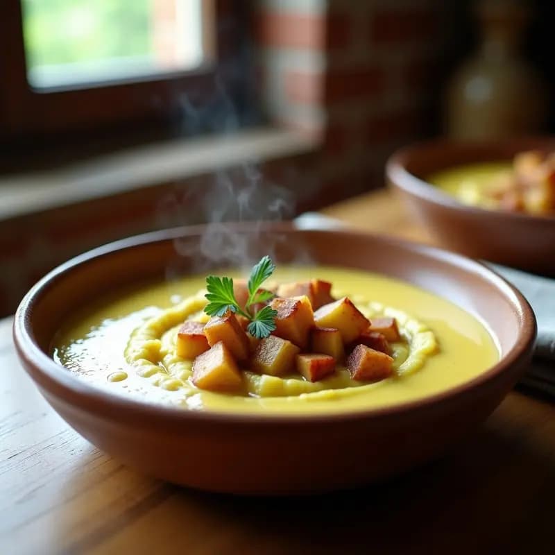 Tiznao granadino: Puré de calabacín y patata con tocino y bacalao