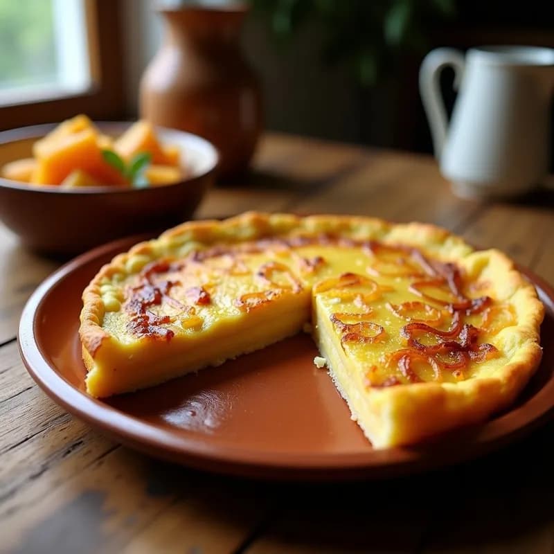 Tortilla española dorada y crujiente por fuera, jugosa por dentro, con trozos de patata y cebolla, servida en un plato de barro rústico.
