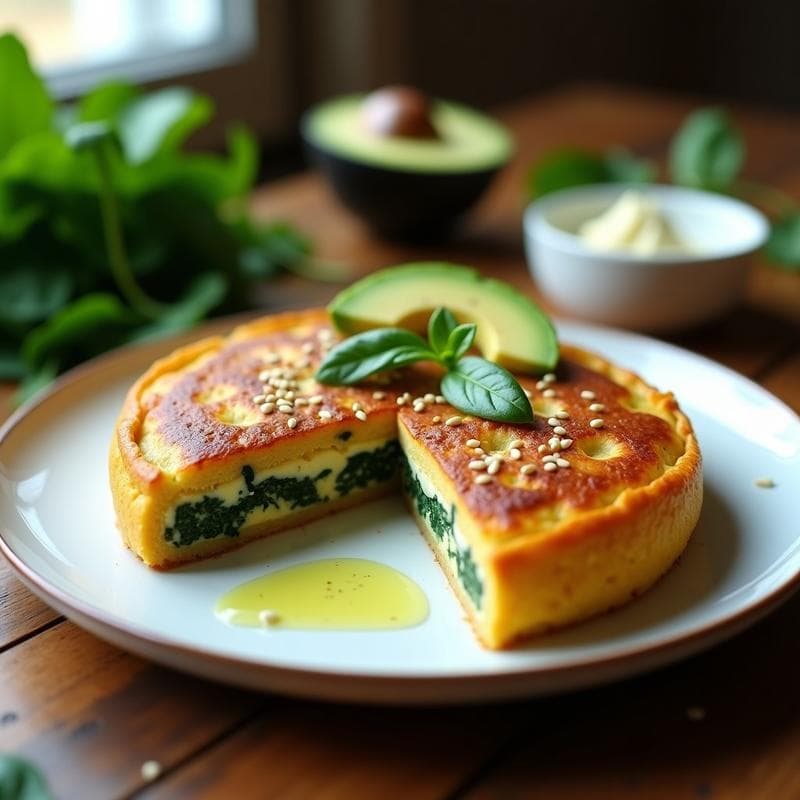 Tortilla de Espinacas y Queso de Anacardo con Base de Harina de Lentejas: Desayuno Sin Harina