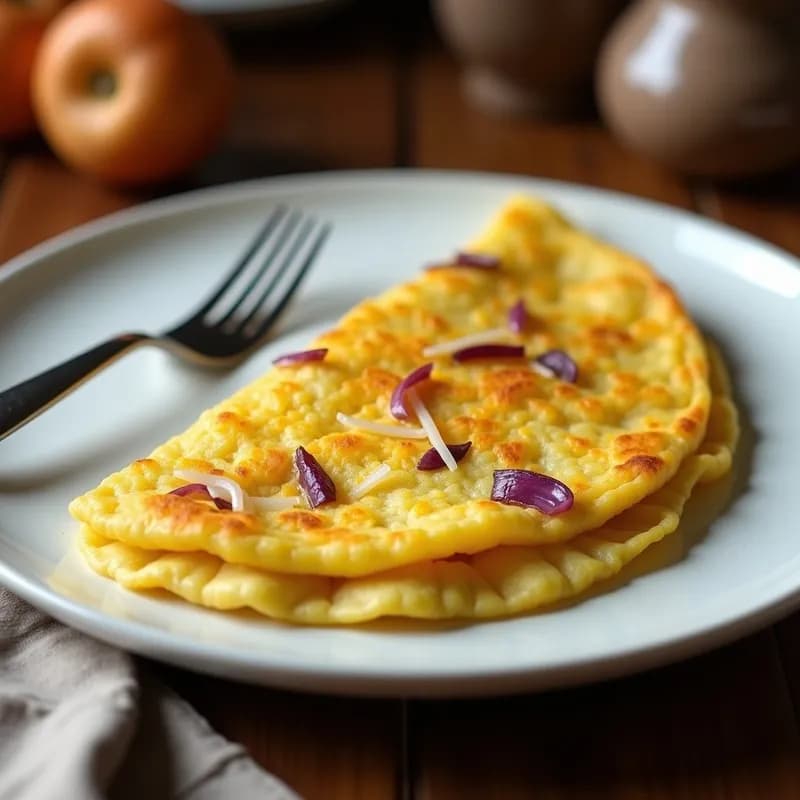 Tortilla dorada y esponjosa de patata y coliflor keto servida en plato blanco, con textura jugosa y trozos visibles de coliflor y cebolla morada, acompañada de un tenedor.
