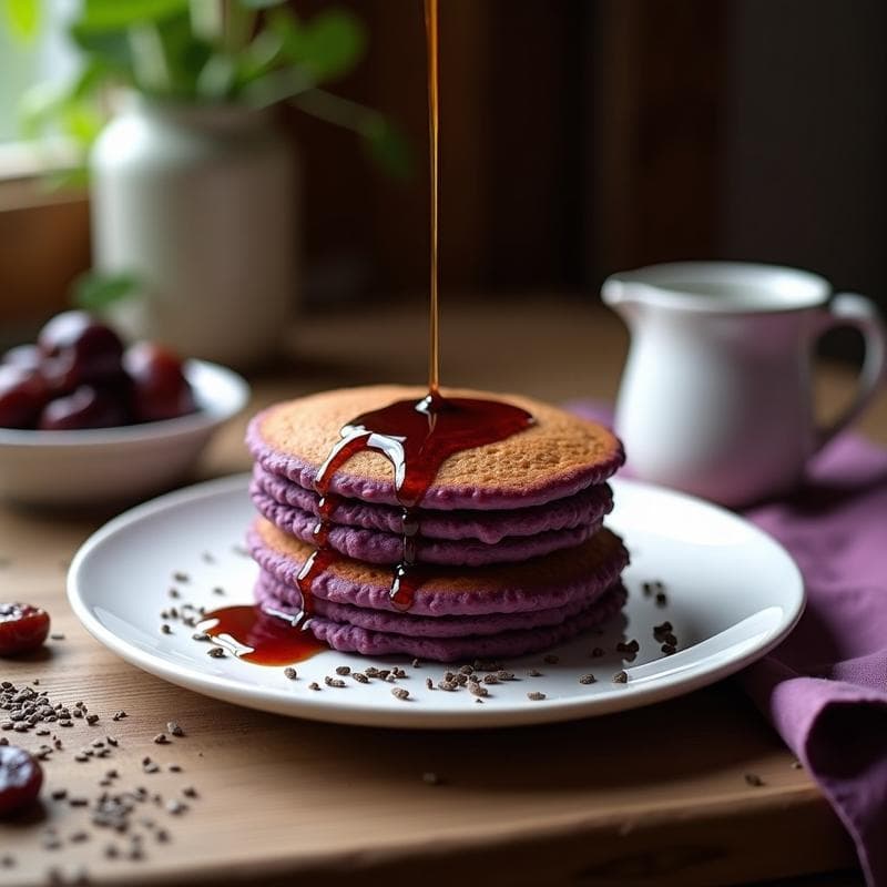 Tortita de Camote Morado y Avena: Desayuno Filipino Sin Azúcar con Sirope de Dátil