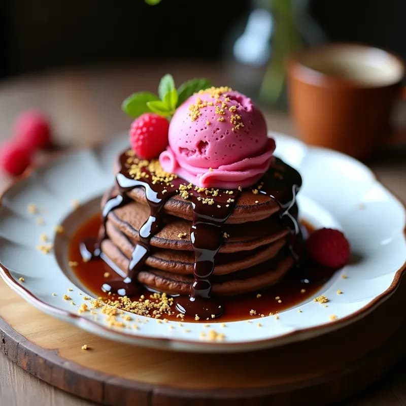 Tortitas de Chocolate con Virutas de Oro Comestible y Helado de Frambuesa: Desayuno de Lujo Decadente