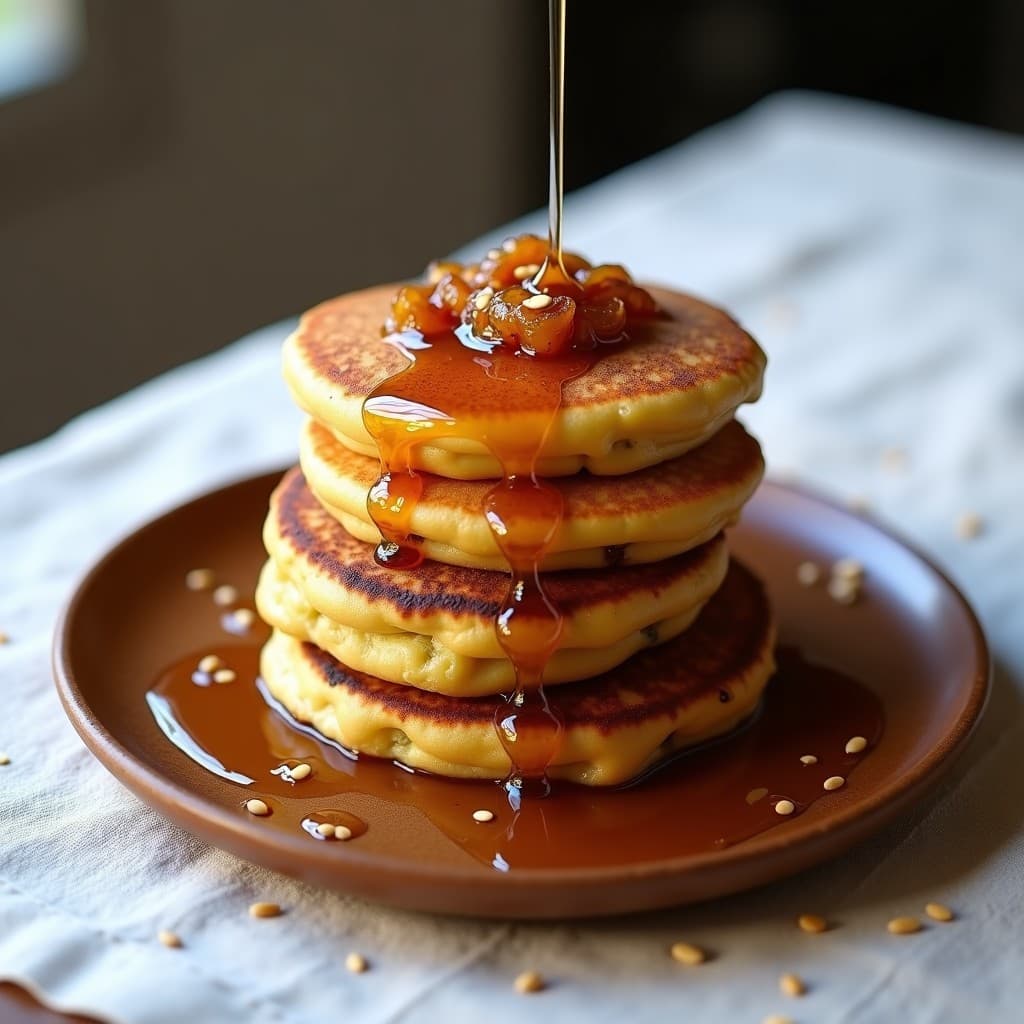 Tortitas de Harina de Guisante y Cebolla Caramelizada: Desayuno Sin Gluten con Sirope de Arce
