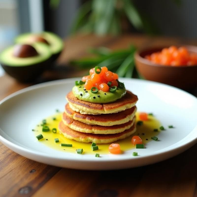 Tortitas de Harina de Guisante con Puré de Aguacate y Huevas de Salmón: Desayuno Keto y Alto en Omega-3