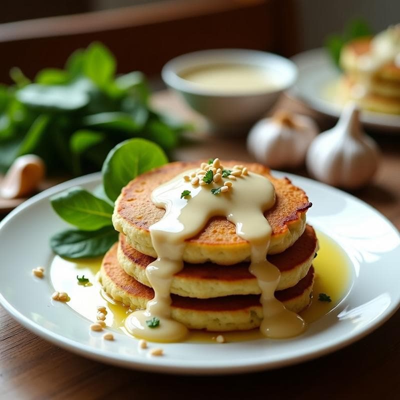 Tortitas de Soyuz (Harina de Soja) y Espinacas con Salsa de Ajo Asado: Desayuno Keto y Sin Harina