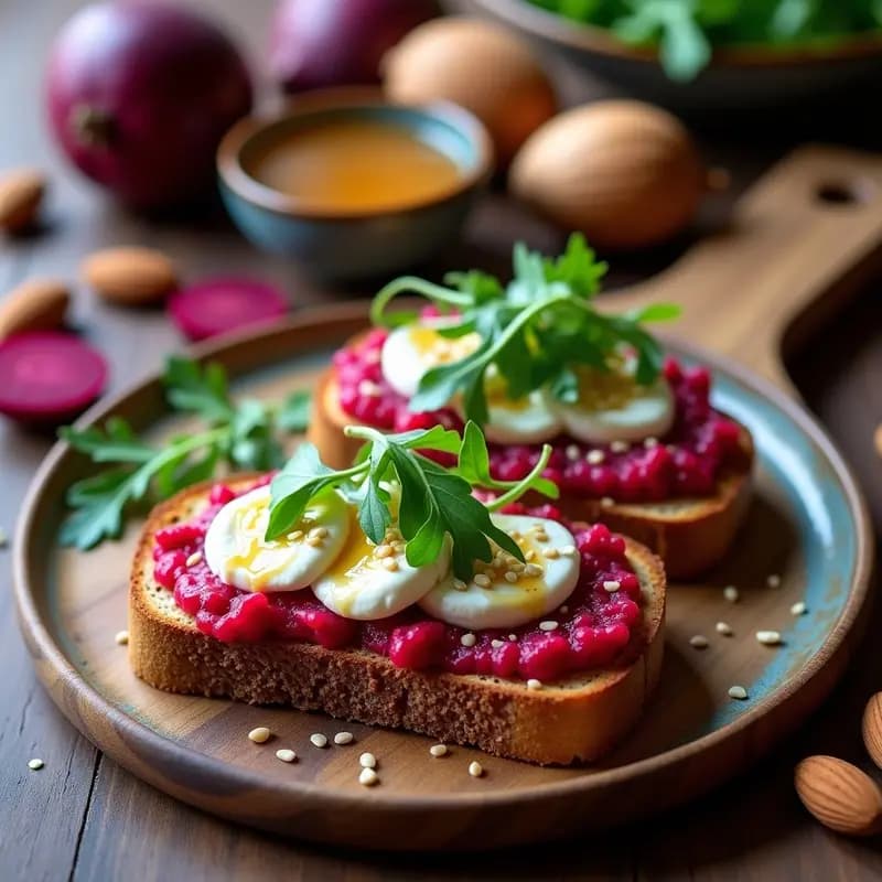 Tostadas de Pan de Centeno con Pesto de Remolacha y Ricotta de Almendras: Desayuno Colorido y Nutritivo