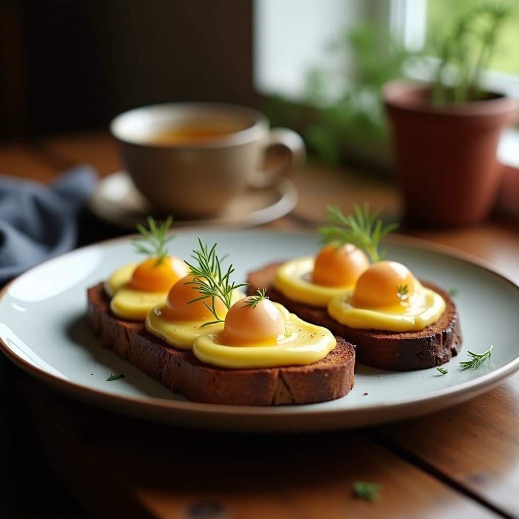 Tostadas de pan de centeno con puré de colinabo y huevo de codorniz escabechado: Desayuno alemán keto