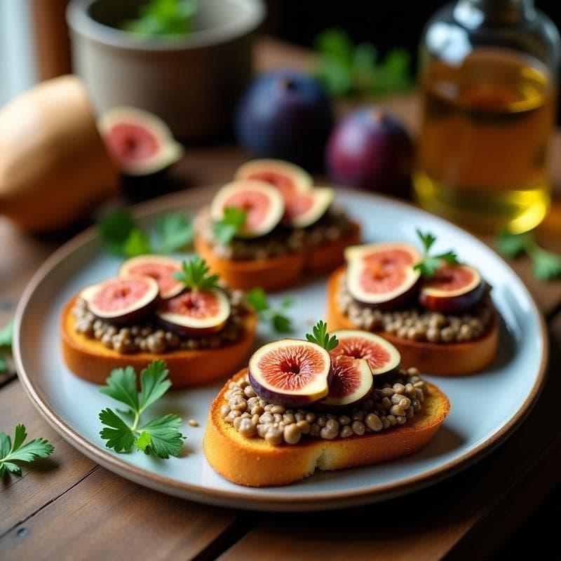 Tostadas de Pan de Maíz Azul con Pâté de Lentejas y Higos: Aperitivo Vegano y Crujiente