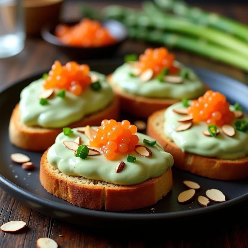 Tostadas de Pan de Almendra con Crema de Espárragos y Huevas de Trucha