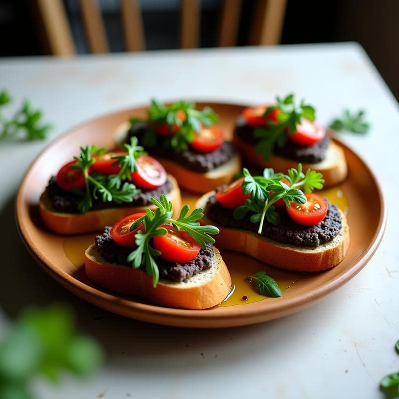 Tostadas de Pan de Centeno con Paté de Aceitunas Negras y Anchoas: Receta Italiana en 8 Minutos
