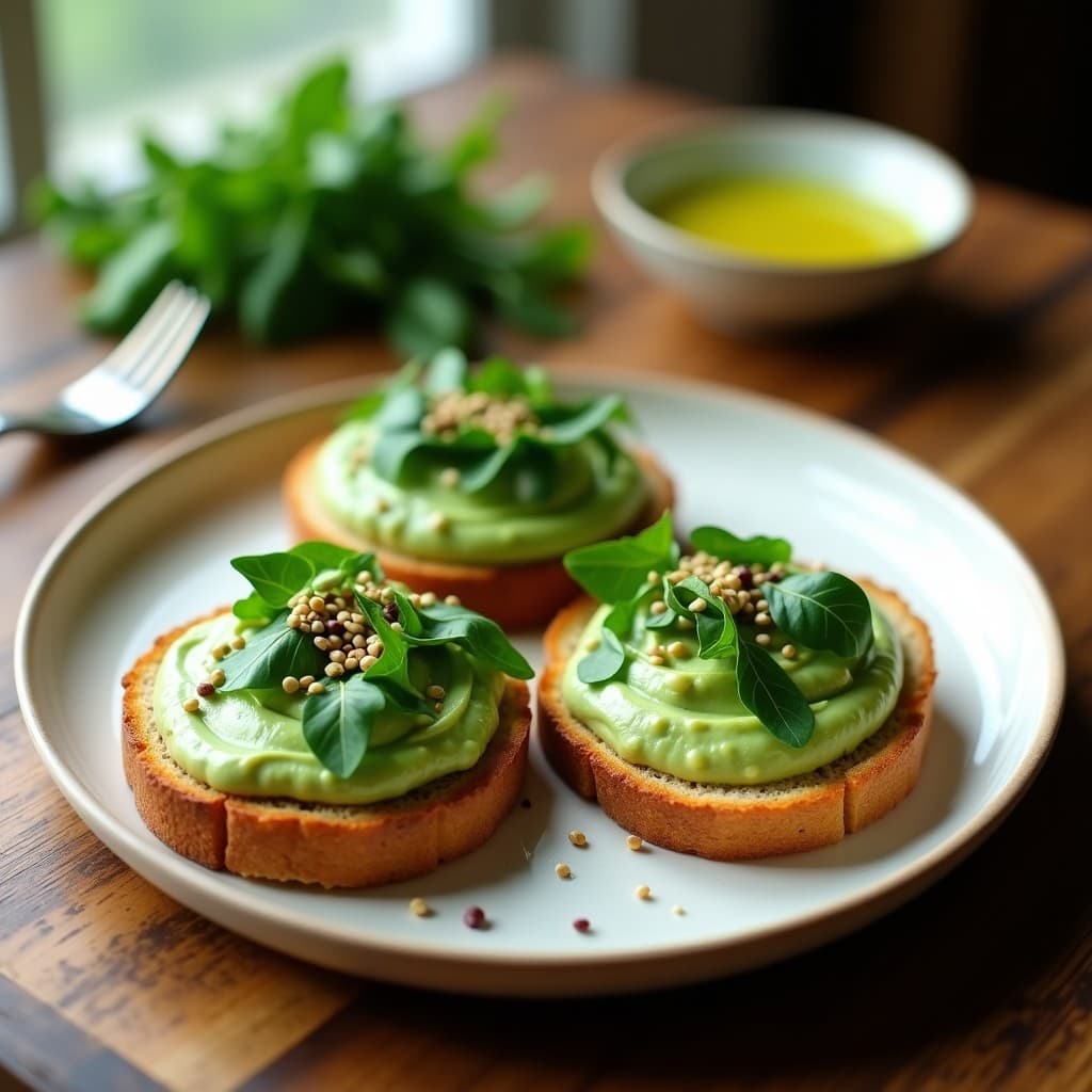 Tostadas de Pan de Chía con Hummus de Guisantes y Rúcula: Desayuno Vegano Alto en Fibra
