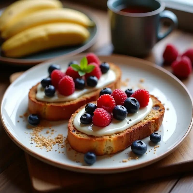 Tostadas de Pan de Plátano con Crema de Anacardos y Frutos Rojos: Desayuno Vegano Sin Harina