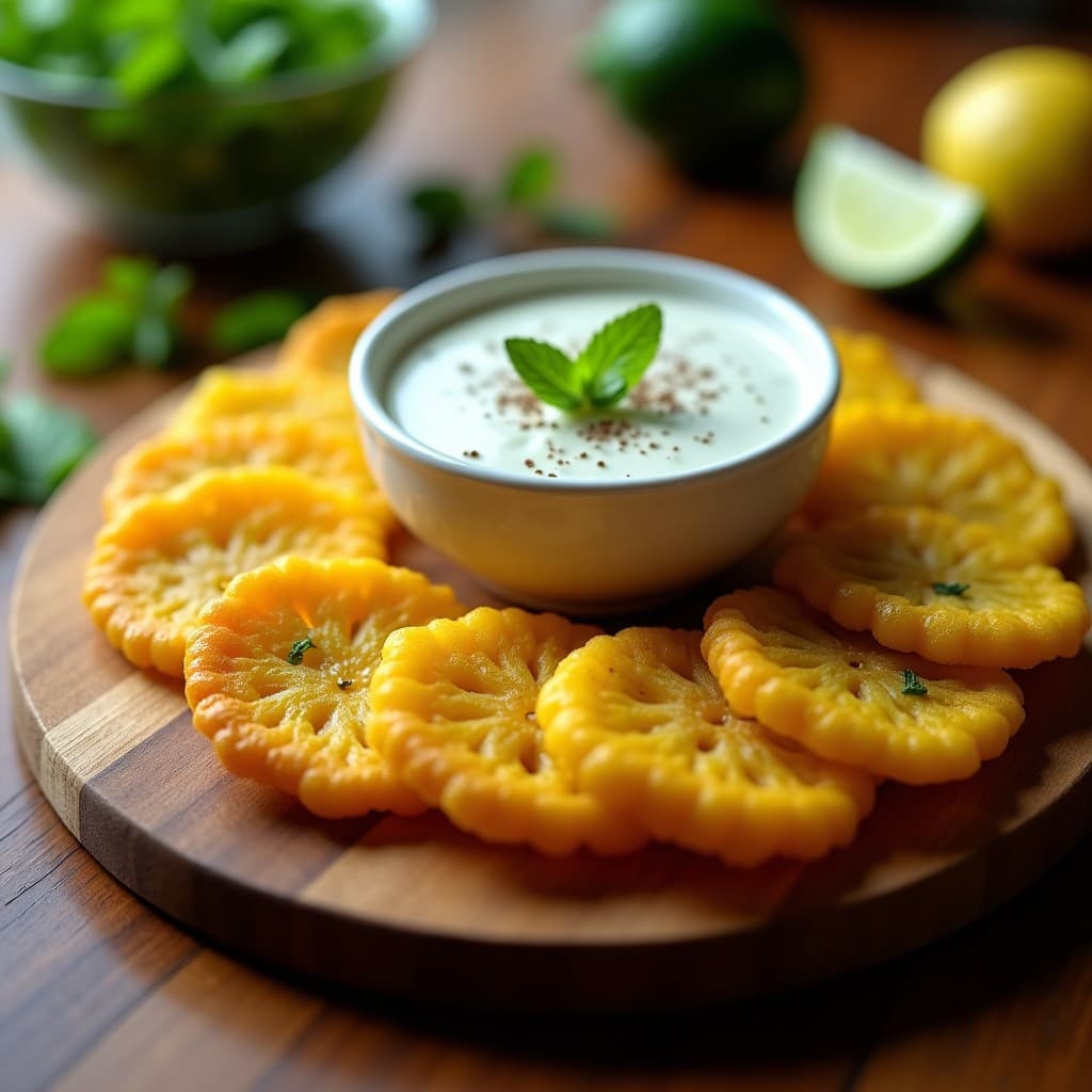 Tostones de Plátano Verde con Dip de Jogur de Soja y Hierbabuena: Entrante Dominicano Vegano