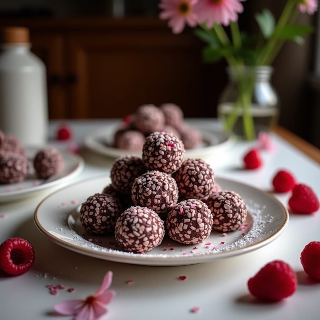 Trufas de Coco y Cacao con Relleno de Mermelada de Frambuesa: Postre Sin Azúcar y Sin Gluten