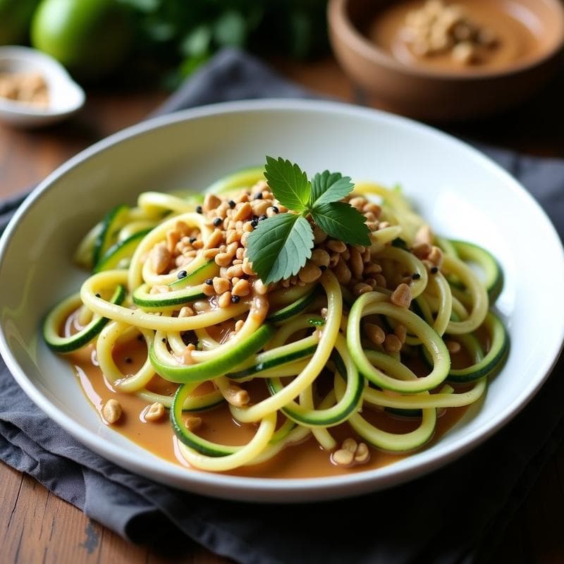 Wok de Espaguetis de Calabacín con Salsa Satay y Cacahuetes: Receta Tailandesa Sin Fuego