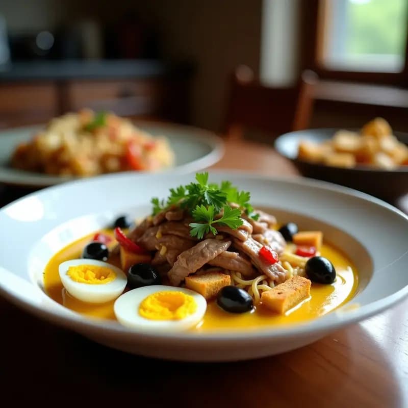 Plato hondo blanco con Aji de Gallina con Lomo Saltado, mostrando la cremosidad del ají de gallina al lado de tiras de lomo salteado, acompañados de arroz blanco, aceitunas, huevo duro y cilantro fresco.