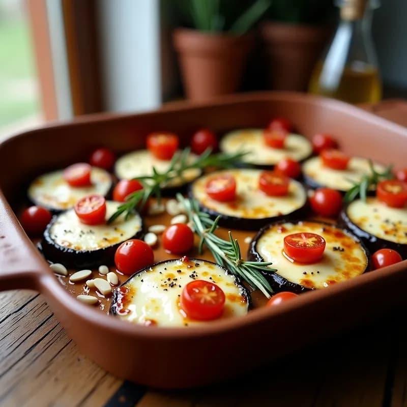 Bandeja de horno con berenjenas gratinadas doradas, cubiertas de queso de cabra cremoso, tomates cherry asados y almendras tostadas, con un hilo de miel brillante. Receta de berenjenas gratinadas con queso de cabra y miel.