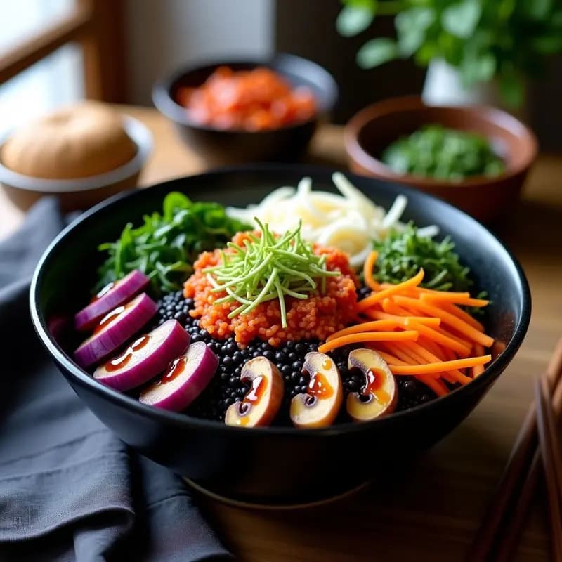 Bibimbap Vegano de Raíces y Brotes: Receta Coreana en Bol con Salsa Gochujang