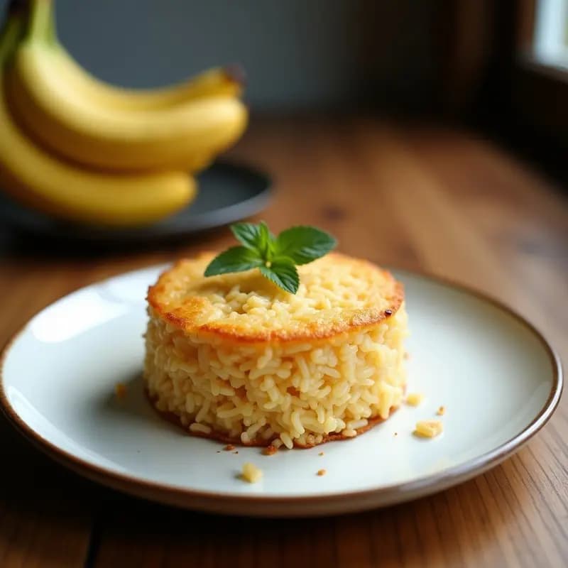 Bibingka de coco y plátano vegana y sin gluten, cocinada en olla arrocería, con superficie dorada y espolvoreada de coco rallado, servida en molde de barro sobre fondo rústico.