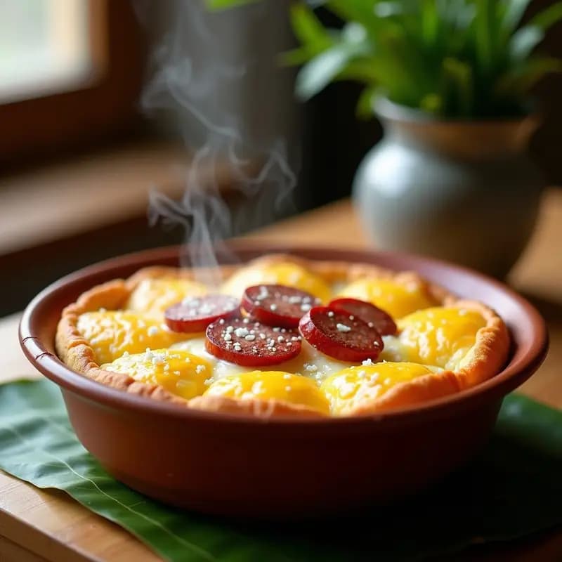 Bibingka Filipina de Queso y Salchicha: Desayuno Dulce y Salado en Cazuela de Barro