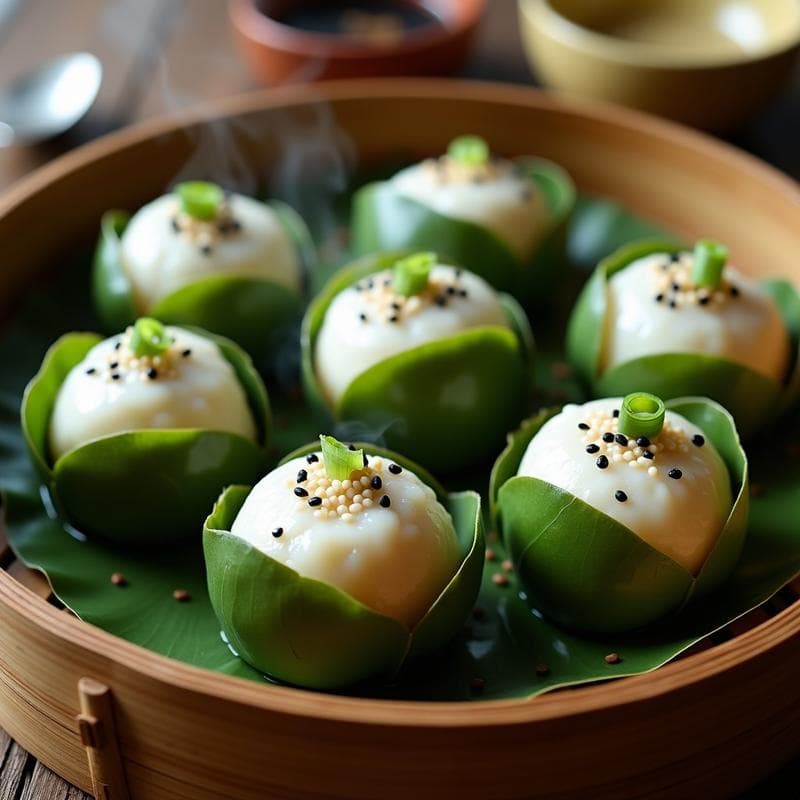 Bolitas de Arroz Glutinoso con Hojas de Loto y Cerdo: Receta China en Vapor sin Aceite