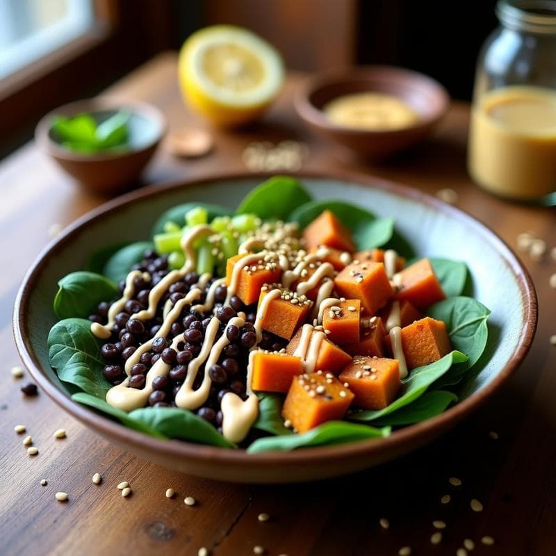 Bowl de Lentejas Negras y Batata con Aderezo de Tahini: Receta Vegana y Sin Gluten para Tupper