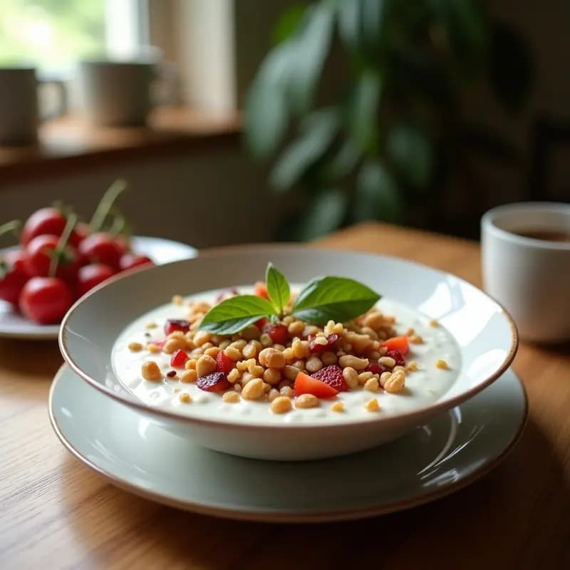 Bowl blanco de cerámica con yogur griego cremoso como base, cubierto de semillas de granado rojas brillantes, nueces de Granada doradas, pistachos picados, pétalos de rosa comestibles y hojas de menta. Desayuno persa rico en antioxidantes con toques florales y especiados.