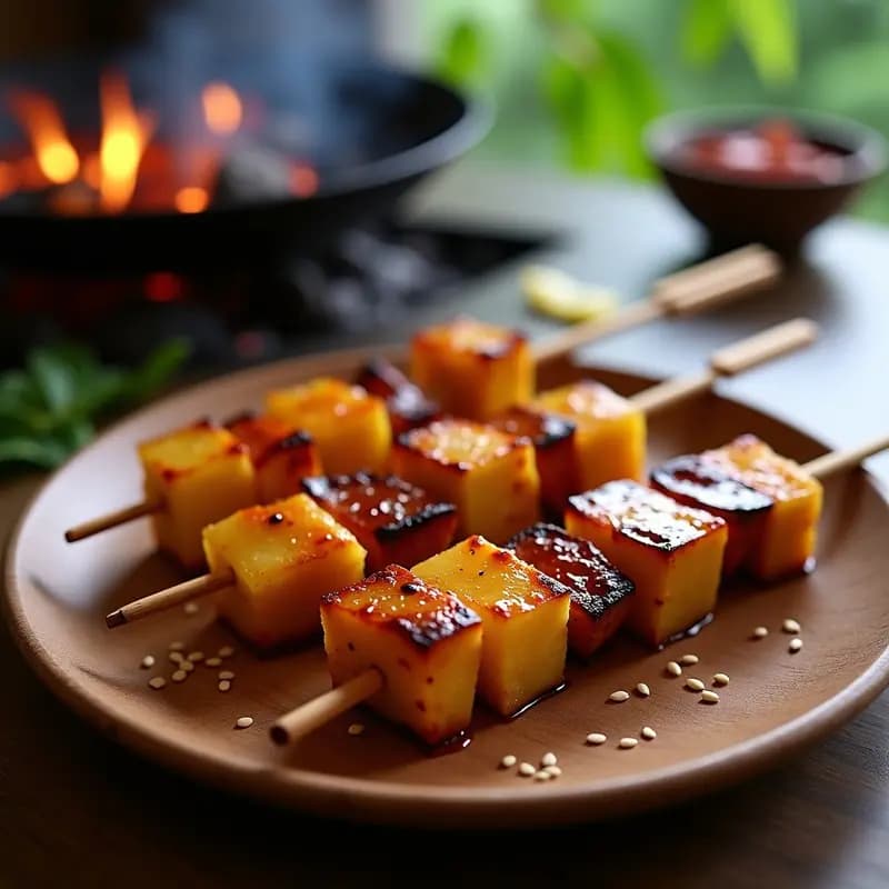 Brochetas de Piña y Tempeh con Glaseado de Tamarindo: Receta Indonesia Vegana a la Parrilla
