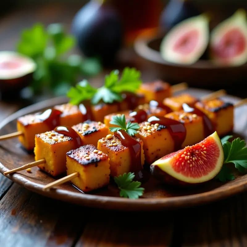 Brochetas de Tempeh y Higos Frescos: Aperitivo Indonesio en Grill con Salsa de Tamarindo