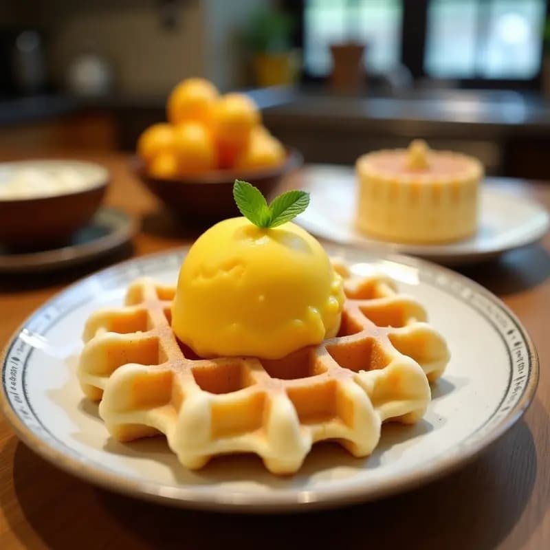 Bubble Waffles de Pandan y Coco: Desayuno Tailandés Sin Gluten con Helado de Mango