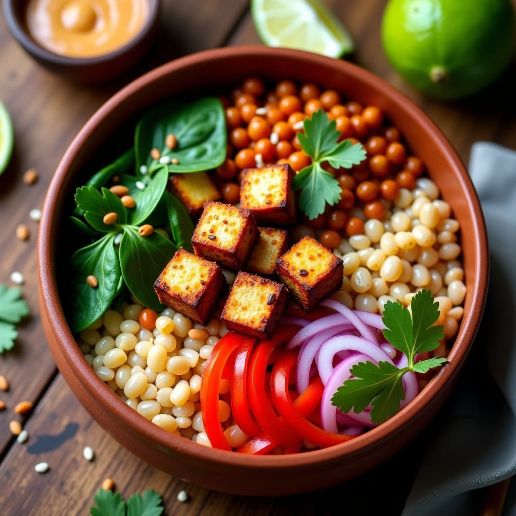 Buddha Bowl de Mijo con Tempeh y Salsa de Cacahuete: Receta Indonesa Keto en 20 Minutos