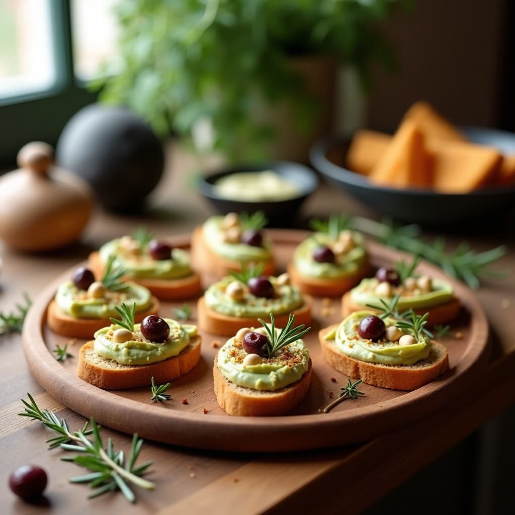 Crostini de Pan de Trigo Sarraceno con Paté de Alcachofas y Aceitunas Kalamata