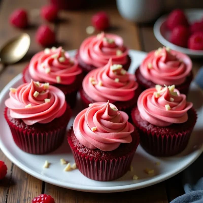 Cupcakes de Red Velvet con Relleno de Queso Crema y Frosting de Mermelada de Frambuesa: Postre Ultra Dulce