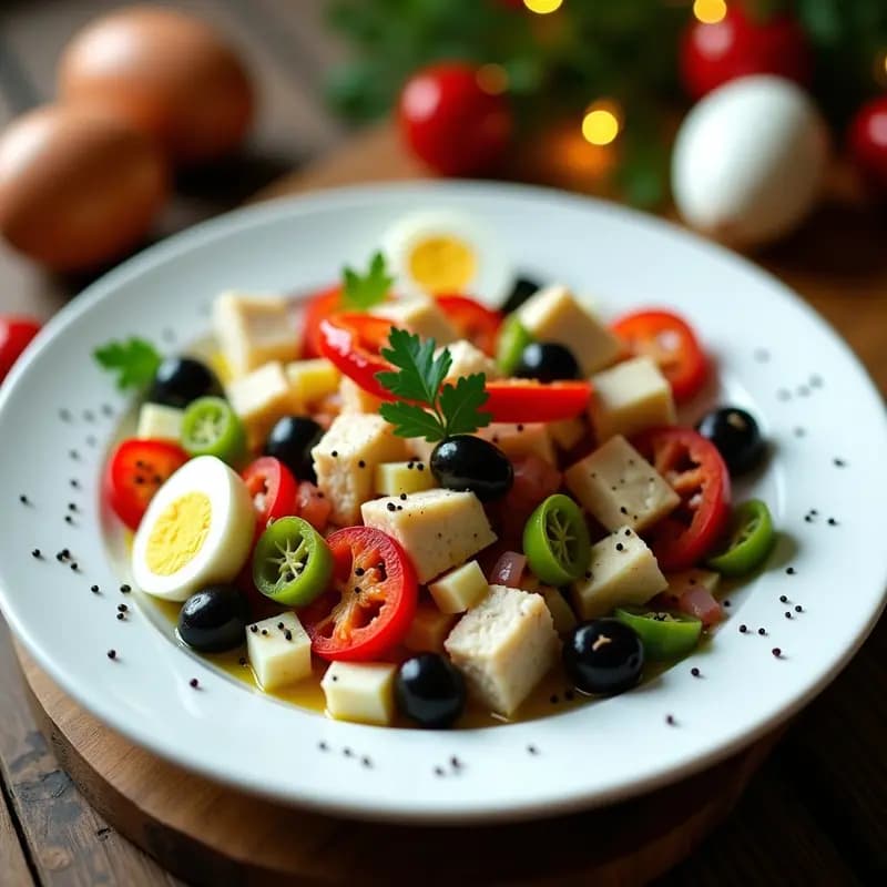 Ensalada navideña ligera de bacalao desalado en tacos, mezclado con tiras de pimientos asados rojos y verdes, aceitunas negras, cebolla morada, huevo duro y perejil fresco, servida en plato blanco sobre fondo rústico.