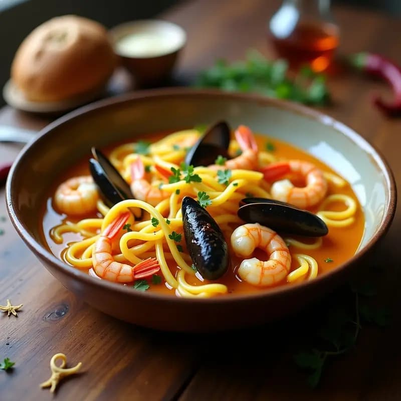 Plato hondo de barro con fideuá de mariscos con azafrán y ñora, gambas, mejillones y calamares, espolvoreada con perejil fresco. Receta catalana en olla exprés.