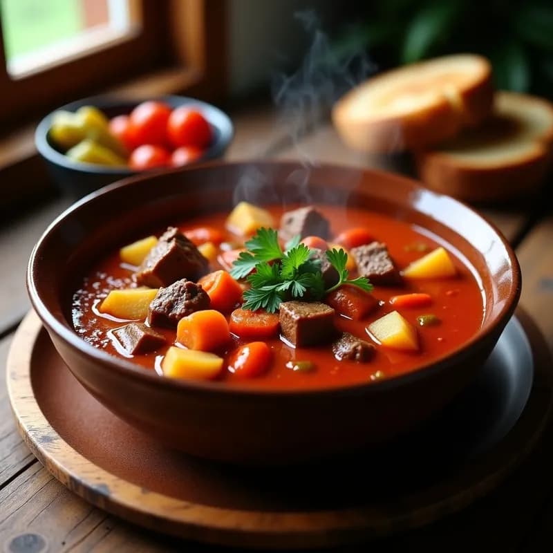 Plato hondo de barro con goulash húngaro auténtico, carne tierna en salsa espesa de pimentón, patatas y zanahorias, decorado con perejil fresco.