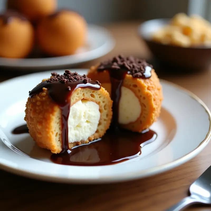 Helado Frito de Vainilla Empanizado en Cereales de Desayuno con Sirope de Chocolate