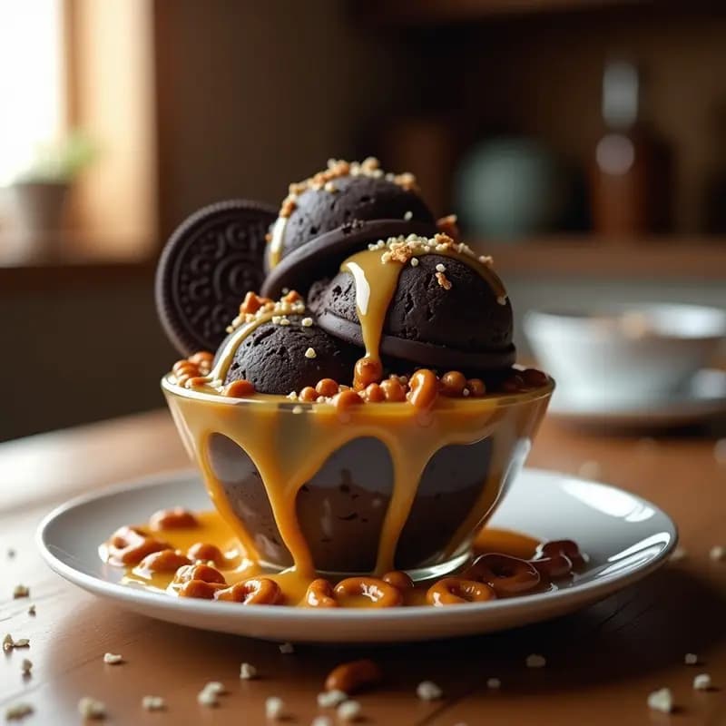 Helado de Galletas Oreo con Salsa de Caramelo y Trozos de Pretzel: Postre para Adictos al Dulce