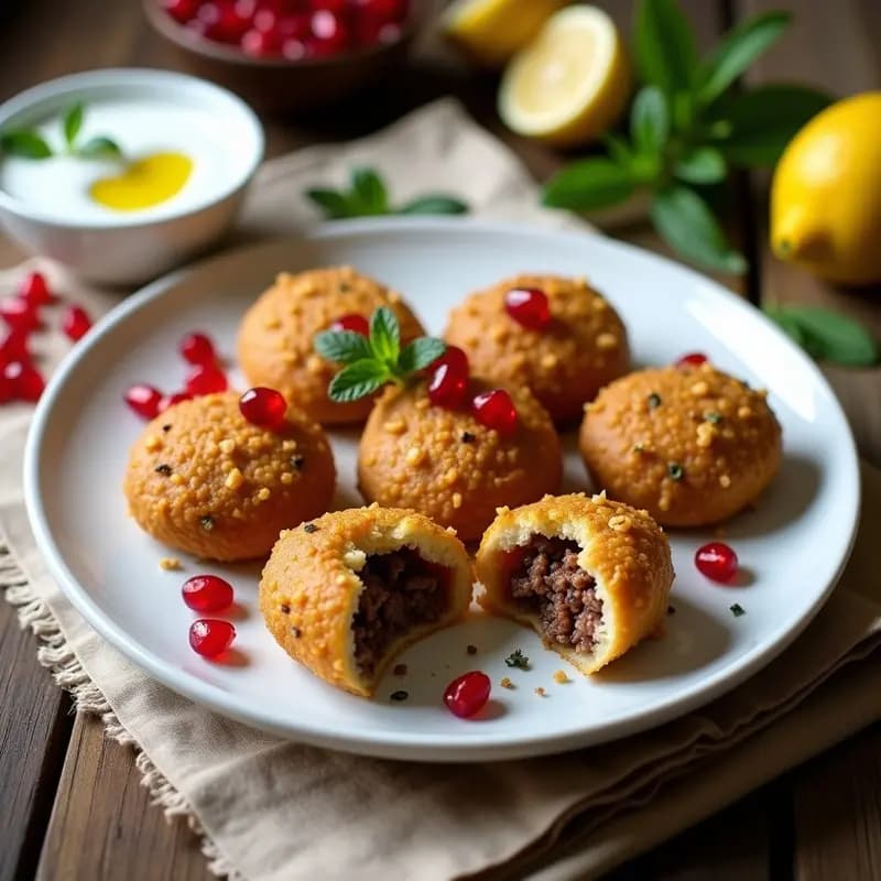 Kibbeh de Cordero Libanes con Salsa de Yogur y Granada: Receta de Medio Oriente Crujiente