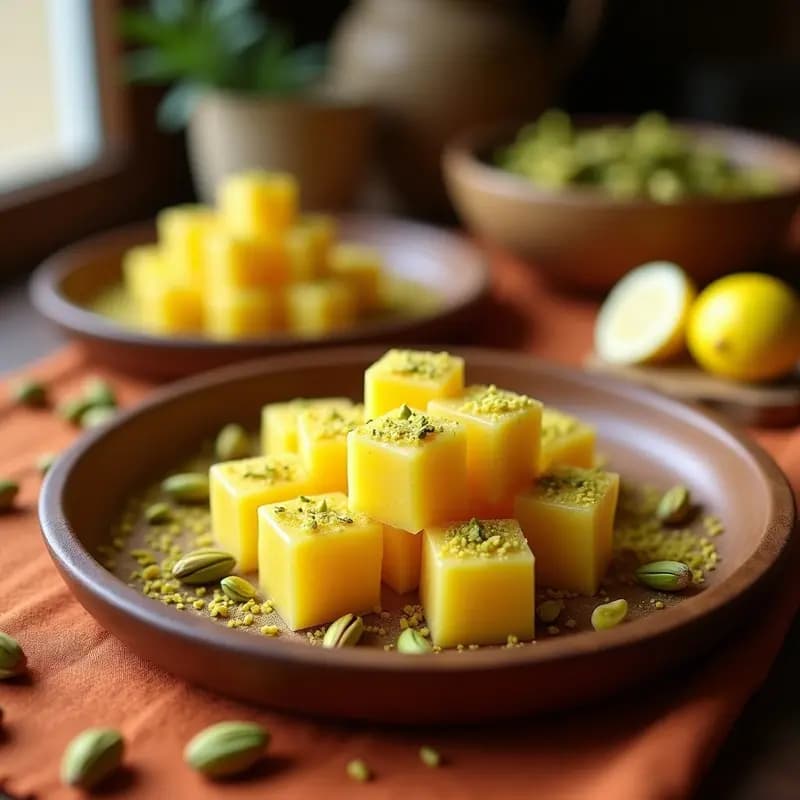 Bandja de madera con lokum turco cortado en cubos dorados, espolvoreado con pistachos verdes y cáscara de limón rallada, sobre un fondo de tela árabe con tonos terracota.