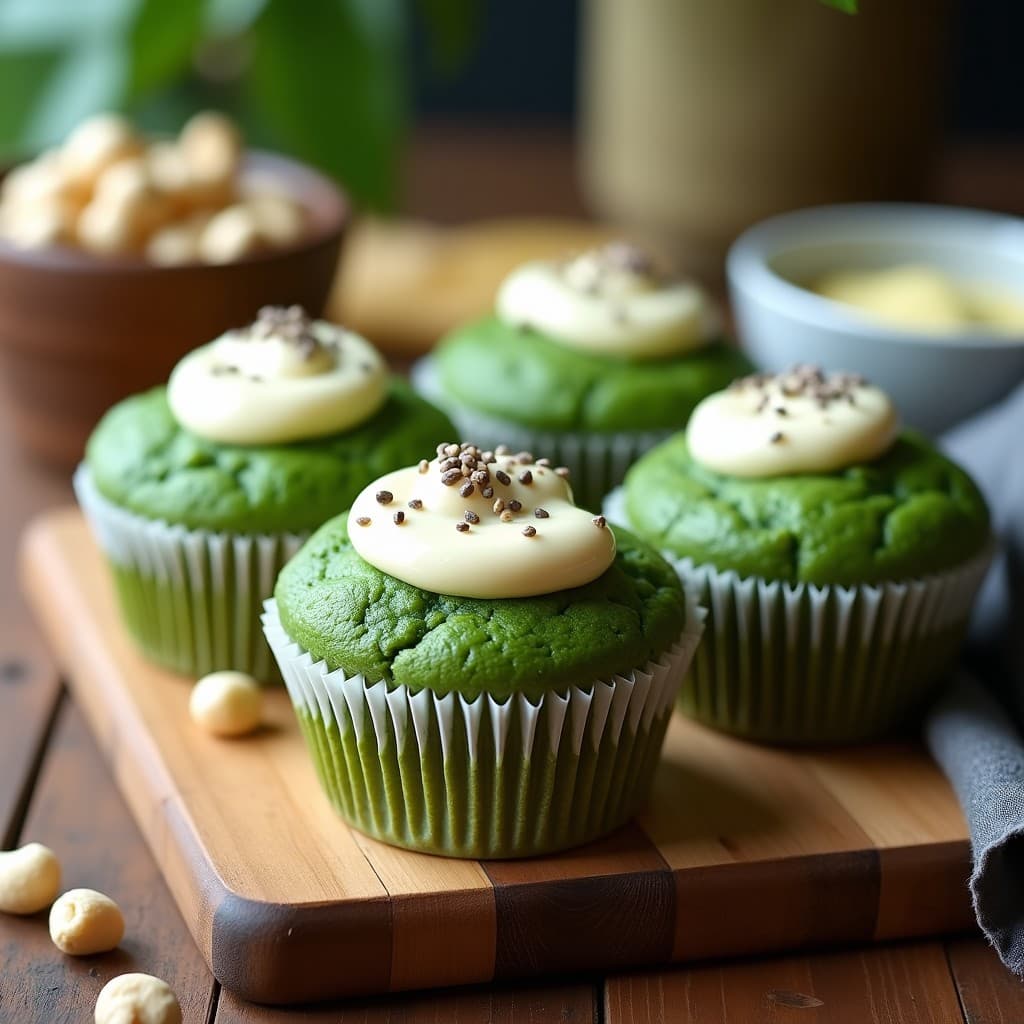 Muffins de Espirulina y Plátano con Topping de Crema de Anacardos: Desayuno Superfood Vegano