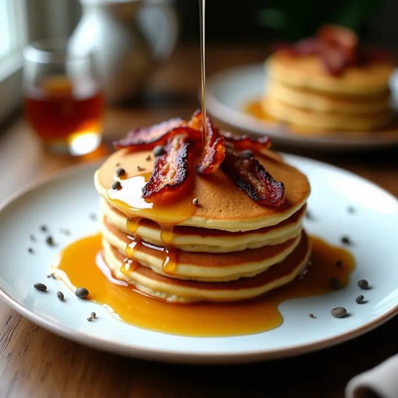 Pancakes de Harina de Guisante con Sirope de Arce y Bacon Vegano: Desayuno Proteico