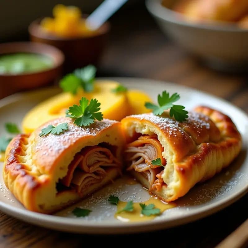 Pastel de pastor estilo hawaiano en molde de vidrio, con base dorada de masa, relleno de cerdo marinado en achiote, piña caramelizada y queso Oaxaca derretido, decorado con cilantro fresco y cebolla morada.