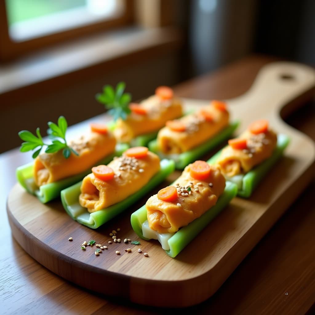Rollitos de Apio Rellenos de Hummus de Habas y Zanahoria: Aperitivo Crudivegano