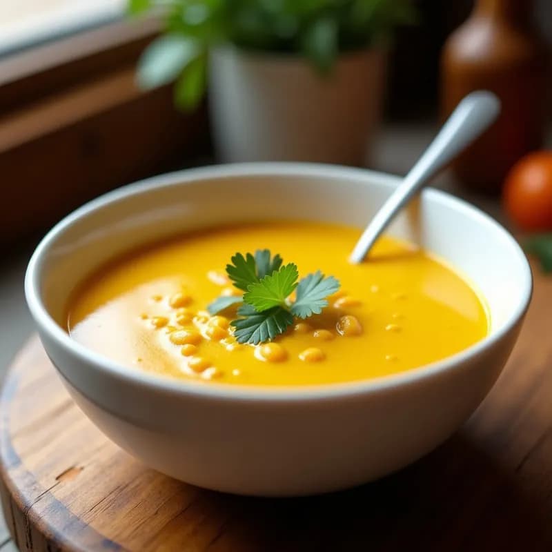 Sopa cremosa de lentejas rojas con cúrcuma en un bol blanco, decorada con cilantro fresco y un hilo de aceite de oliva, servida en airfryer.