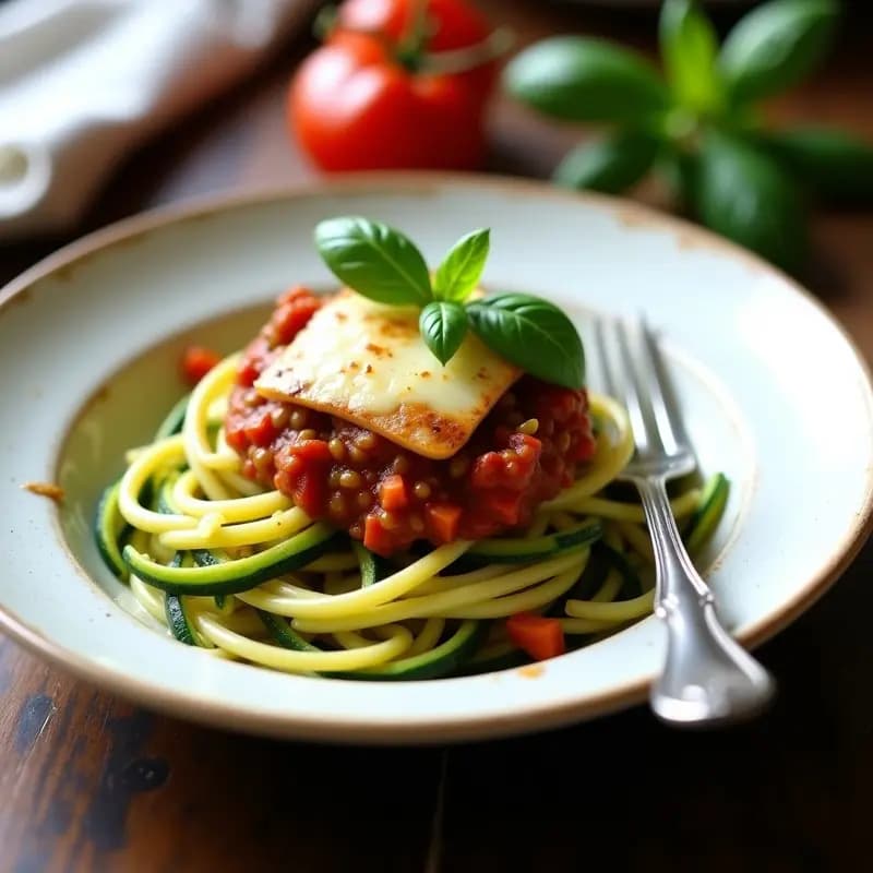 Spaghetti de Calabacín con Bolonesa de Lentejas y Queso Vegano: Receta Italiana Low-Carb